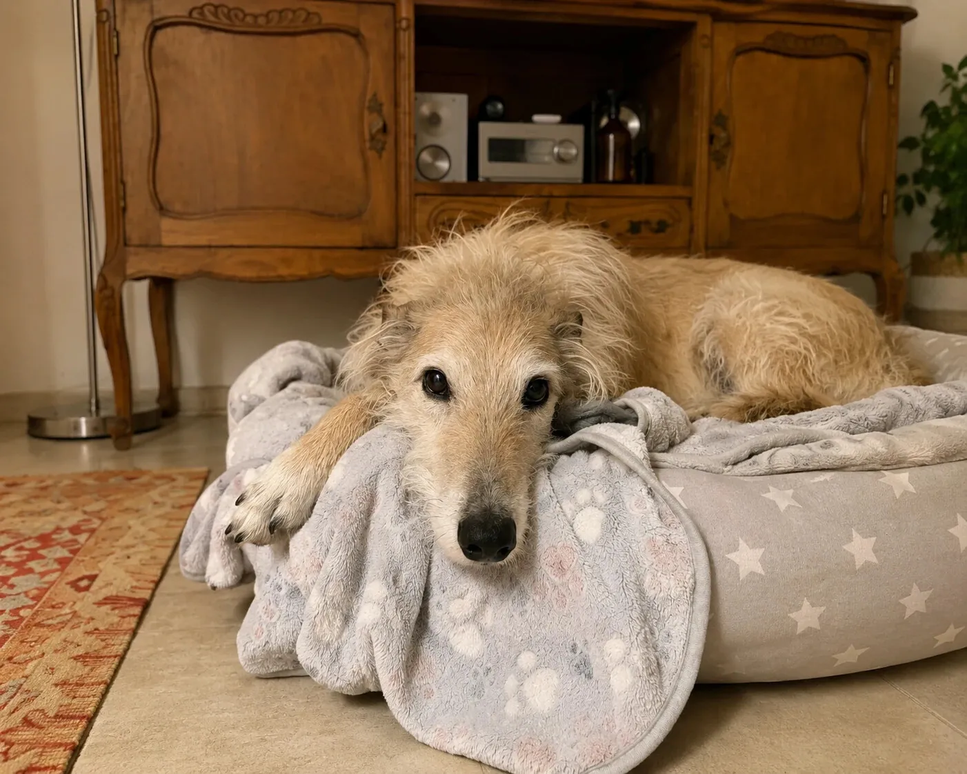 Baltazar, galgo de pelo duro color crema, acostado en su cama gris con estrellas y una manta con huellas.