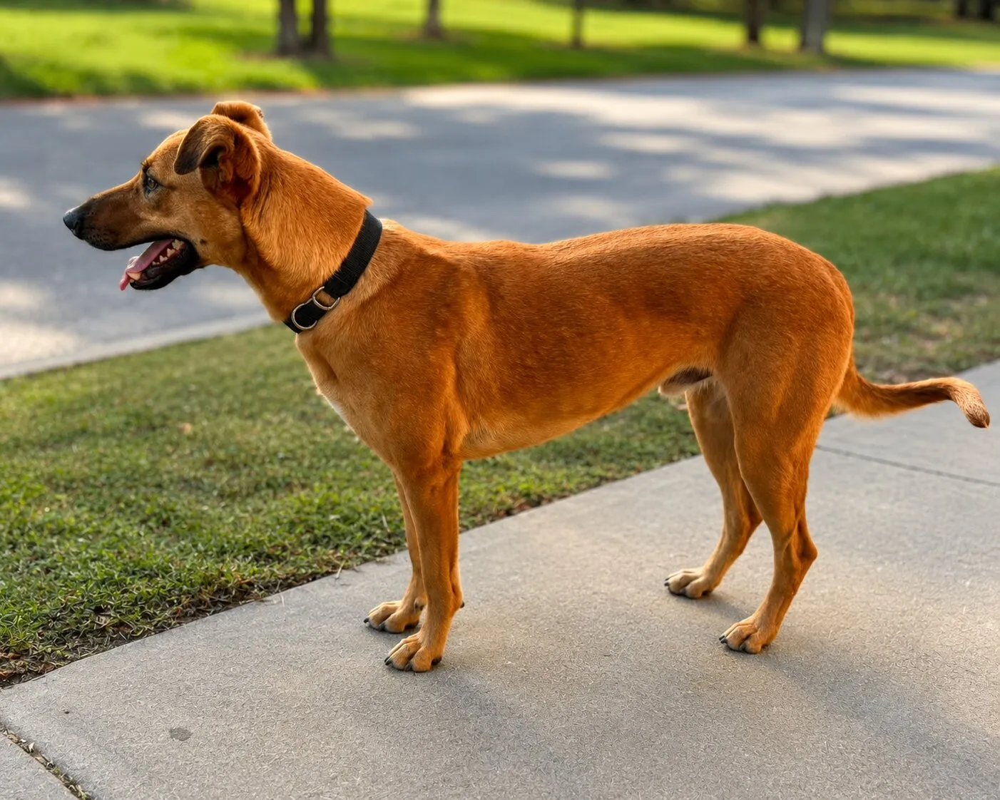 Manjarate, perro color canela con collar negro, de perfil sobre una vereda junto al pasto.